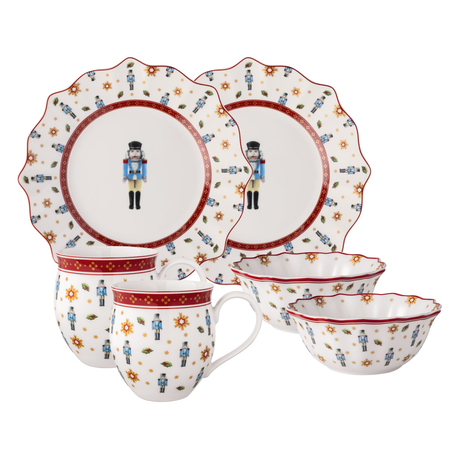 Villeroy & Boch Frühstücksset 6-tlg. NUSSKNACKER Frühstücksset mit Nussknacker-Motiv, bestehend aus zwei Tellern, zwei Tassen und zwei Schalen, von vorne betrachtet.