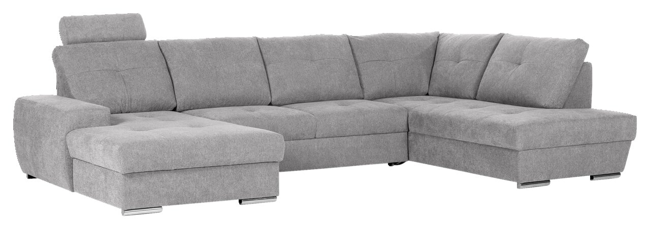 Hom´in Wohnlandschaft MAURIS Graues Ecksofa mit Ottomane links, moderne Polsterung, Ansicht von vorne links.
