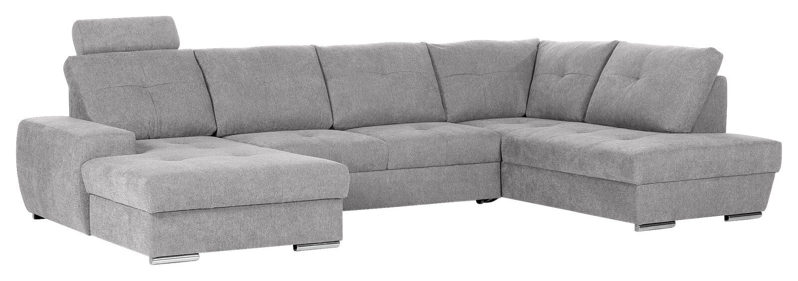 Graues Ecksofa mit Ottomane links, moderne Polsterung, Ansicht von vorne links.