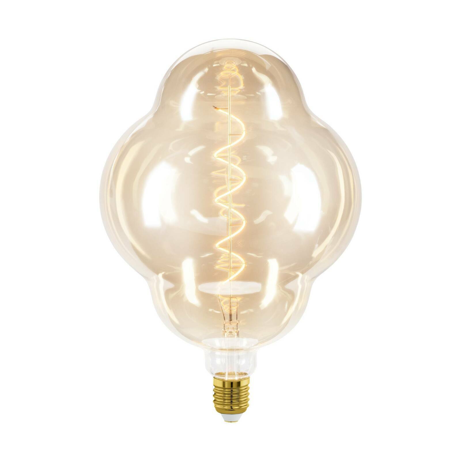 Große, dekorative Glühbirne mit spiralförmigem Filament, frontal abgebildet.