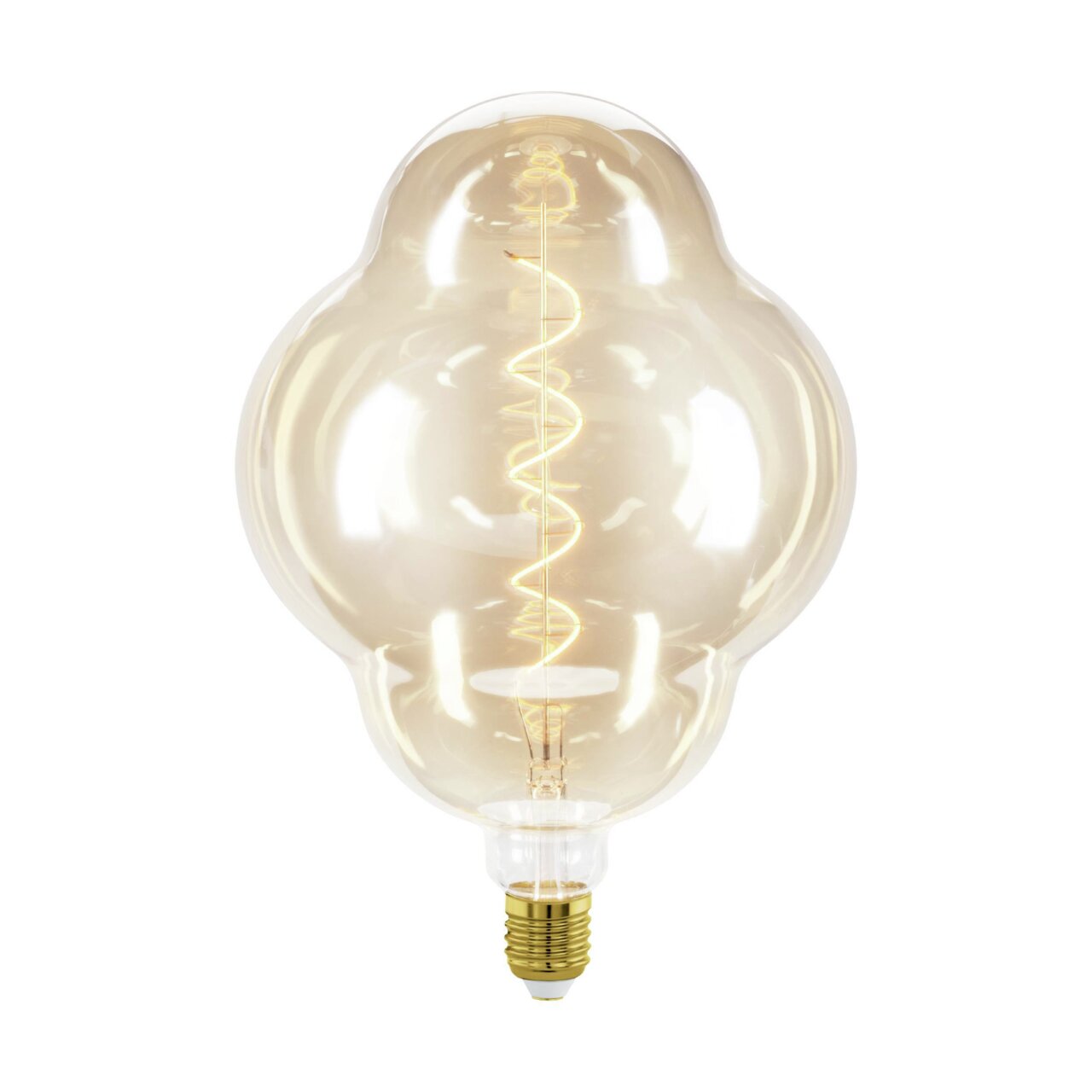 Grote, decoratieve gloeilamp met spiraalvormige gloeidraad, van voren afgebeeld.
