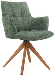 Grüner Sessel mit gepolstertem Stoffbezug und Holzbeinen, seitliche Perspektive