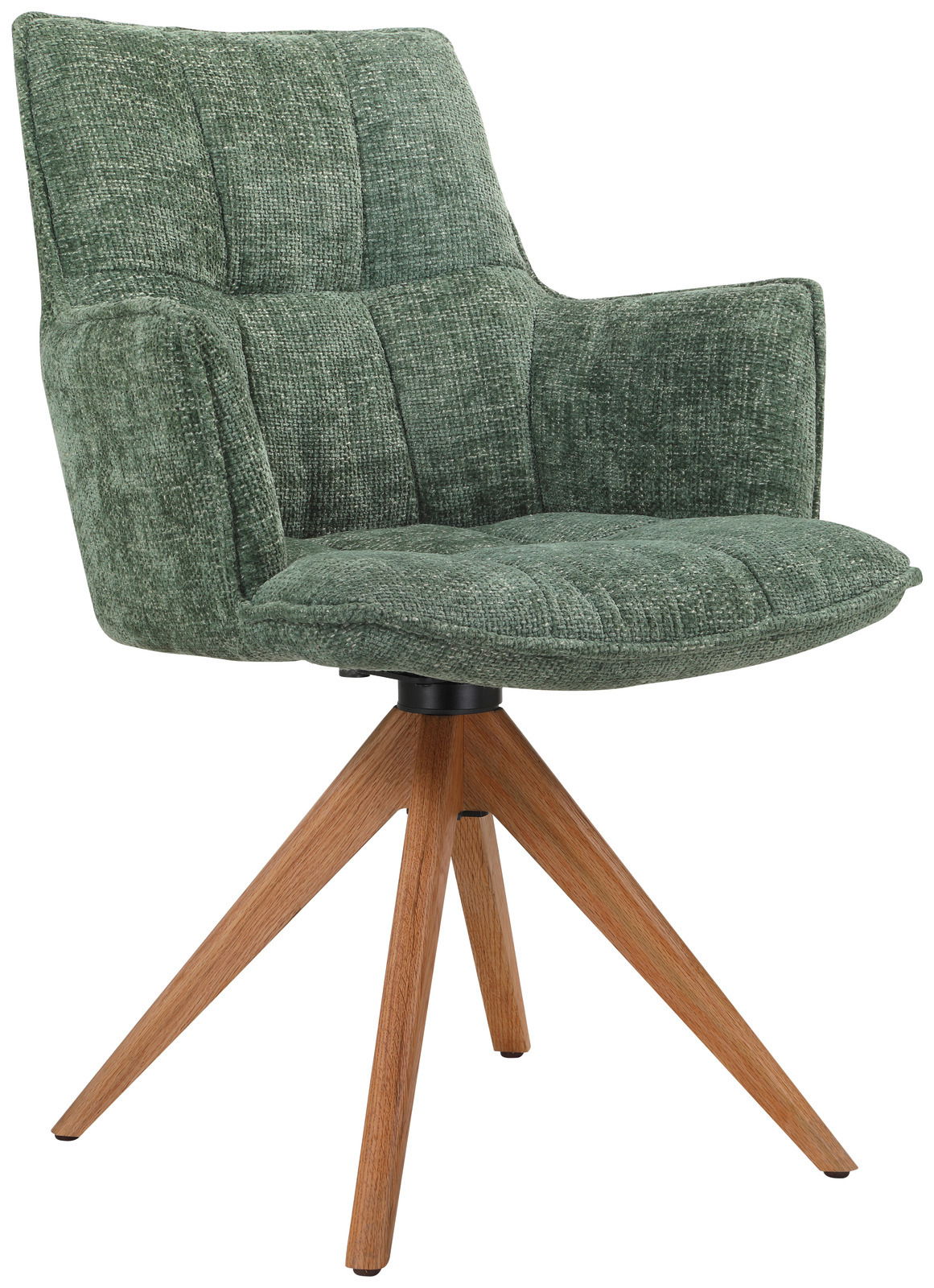 Grüner Sessel mit gepolstertem Stoffbezug und Holzbeinen, seitliche Perspektive