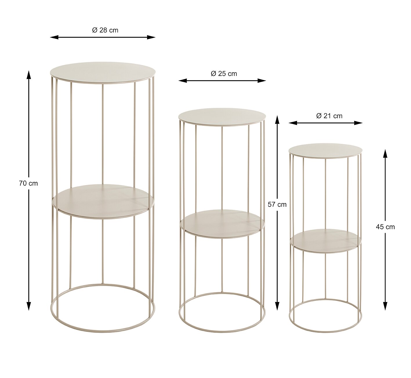 Drei runde, beige Metall-Beistelltische in unterschiedlichen Größen mit zweiter Ablagefläche; frontale Ansicht mit leicht schräger Perspektive, Maße: Ø 28 cm/70 cm, Ø 25 cm/57 cm, Ø 21 cm/45 cm