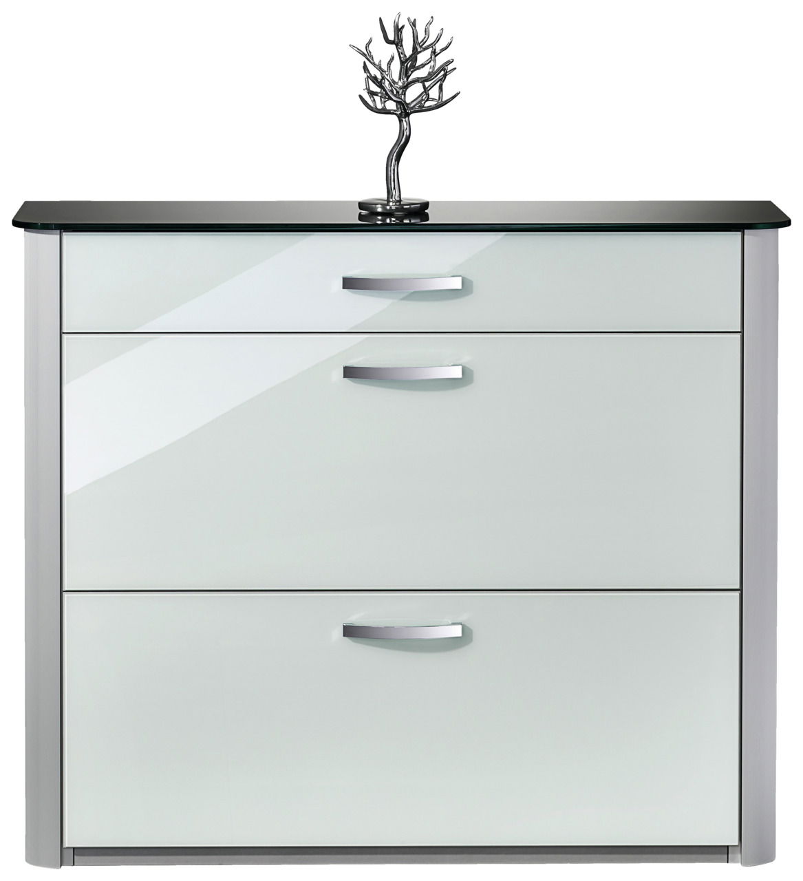 Moderner Schuhschrank mit glänzender weißer Front und silbernen Griffen, frontal abgebildet. Auf der schwarzen Glasoberfläche steht eine dekorative Skulptur.