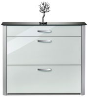 Moderner Schuhschrank mit glänzender weißer Front und silbernen Griffen, frontal abgebildet. Auf der schwarzen Glasoberfläche steht eine dekorative Skulptur.