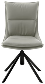 Moderner Stuhl mit gepolsterter Sitzfläche und Rückenlehne in grauer Farbe, auf schwarzem Metallgestell, Frontalansicht.