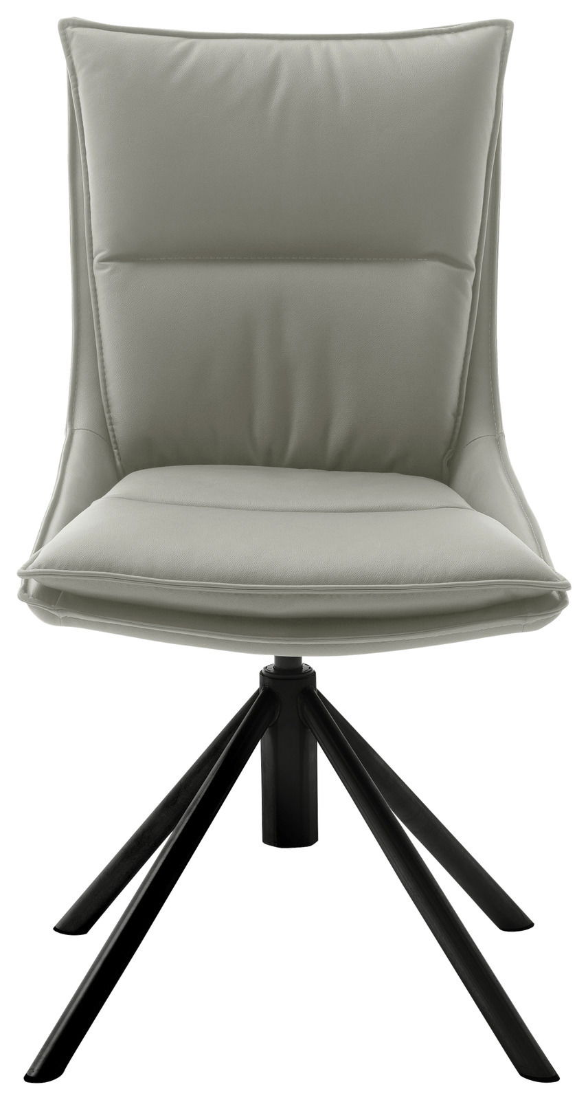 Moderner Stuhl mit gepolsterter Sitzfläche und Rückenlehne in grauer Farbe, auf schwarzem Metallgestell, Frontalansicht.