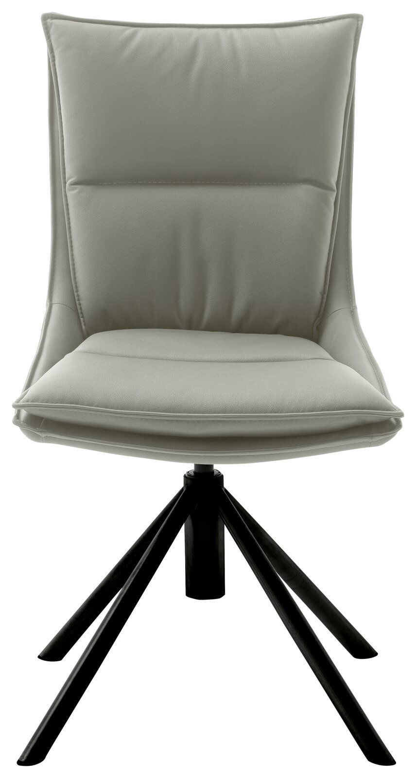 Moderner Stuhl mit gepolsterter Sitzfläche und Rückenlehne in grauer Farbe, auf schwarzem Metallgestell, Frontalansicht.