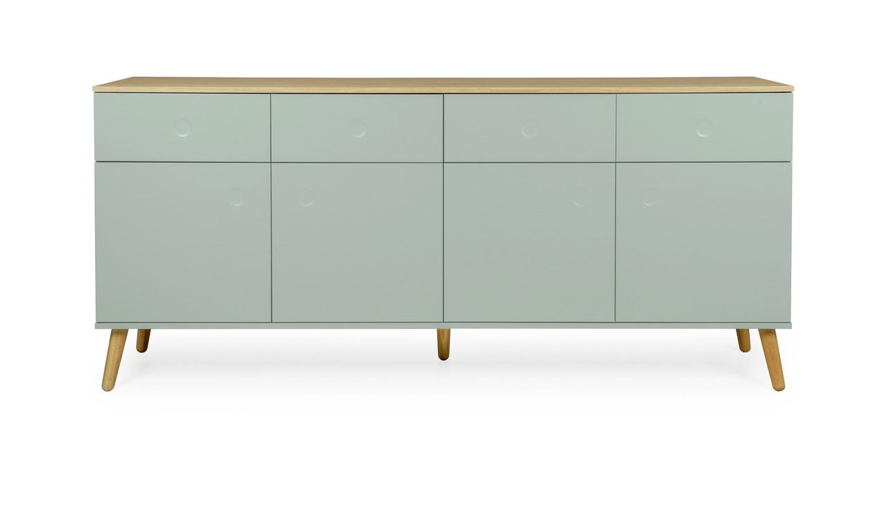 Moderne Kommode mit hellgrünen Fronten und Holzbeinen, Frontalansicht