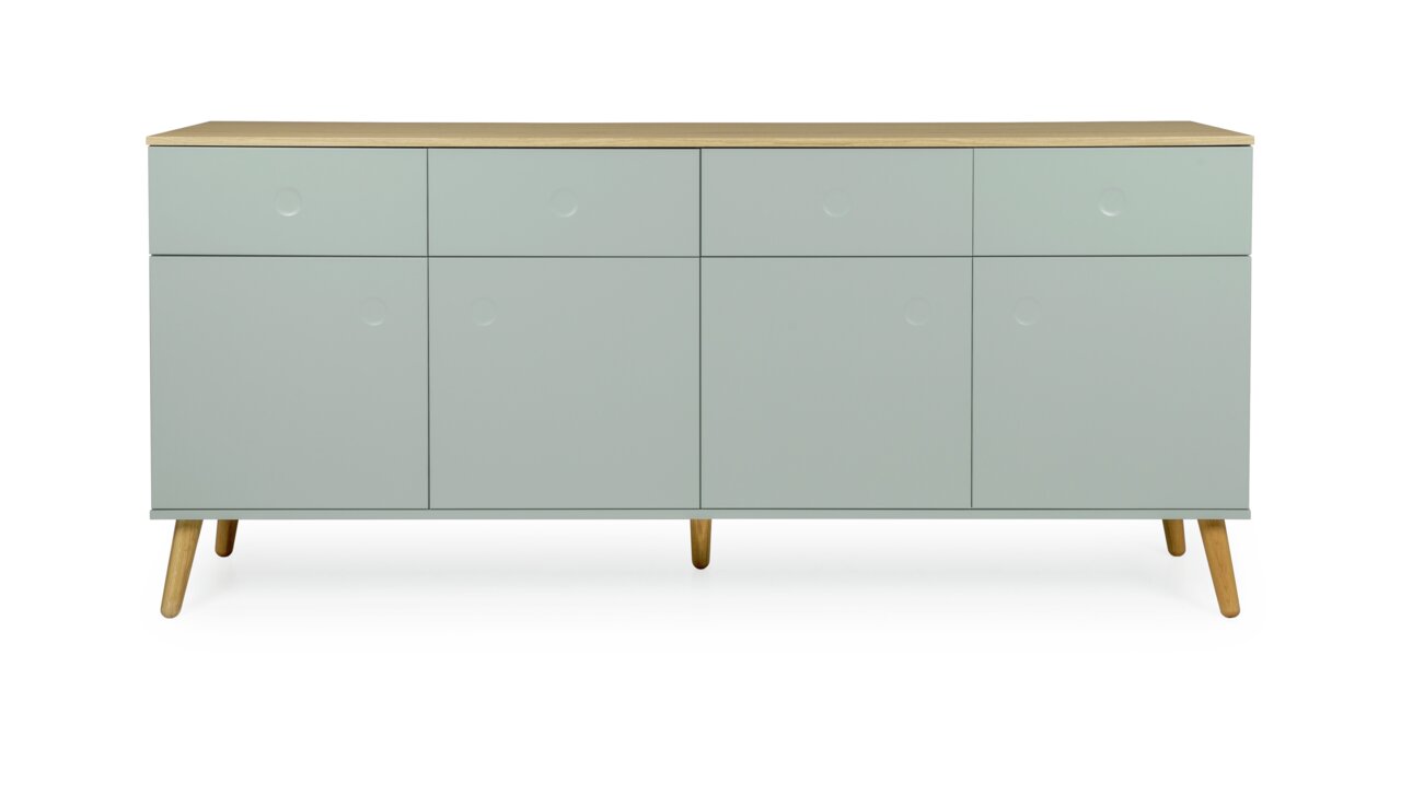 Moderne Kommode mit hellgrünen Fronten und Holzbeinen, Frontalansicht