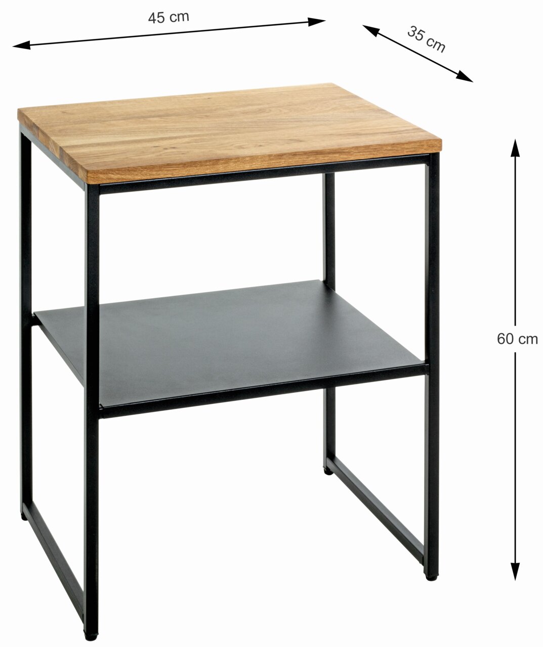 Moderner Beistelltisch mit Holzplatte und schwarzem Metallgestell, seitliche Perspektive