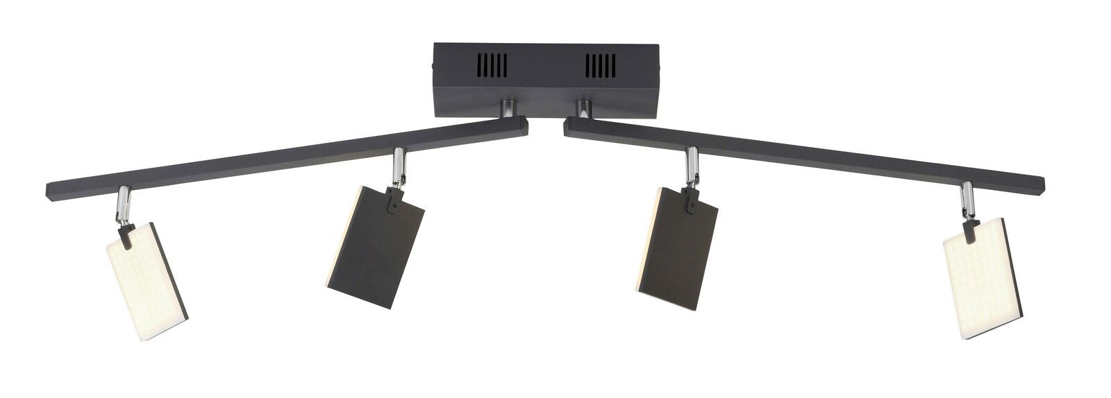 Moderne Deckenleuchte mit vier rechteckigen, verstellbaren LED-Panels in schwarzem Design, seitliche Perspektive