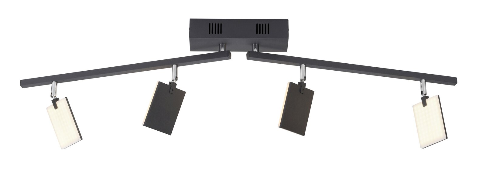 Moderne Deckenleuchte mit vier rechteckigen, verstellbaren LED-Panels in schwarzem Design, seitliche Perspektive