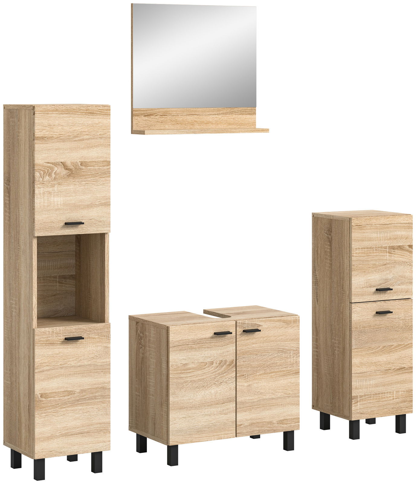 Badezimmermöbel-Set in Holzoptik, bestehend aus einem Spiegel, einem hohen Schrank, einem Waschbeckenunterschrank und einem weiteren Schrank, frontal betrachtet.