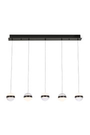 Moderne 5-flammige Pendelleuchte mit schwarzer Deckenleiste und fünf kugelförmigen Glas-Lampenschirmen in Weiß/Transparent, frontale Ansicht