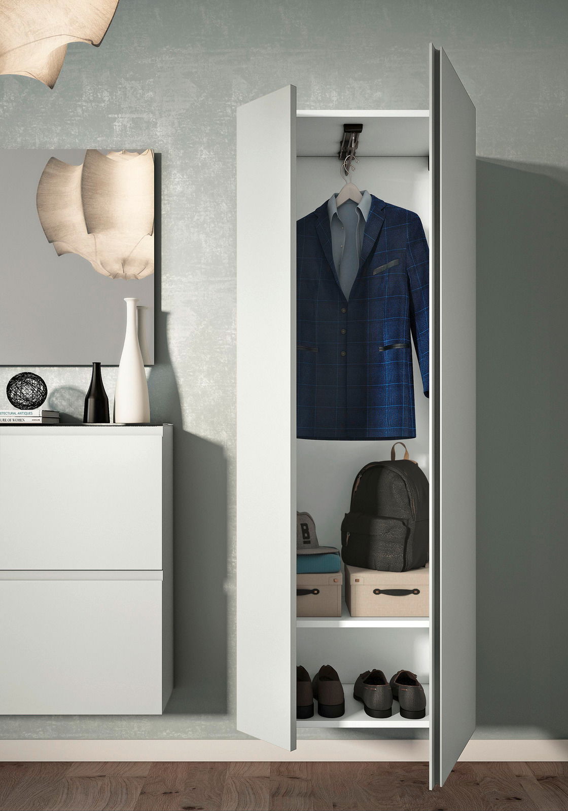 Moderner weißer Hänge-Garderobenschrank mit geöffneten Türen, zeigt einen Anzug, Schuhe und Aufbewahrungsboxen. Frontalansicht.