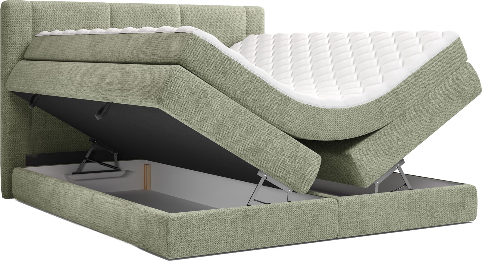 Groen gestoffeerd boxspringbed met gewatteerd hoofdbord en wit matras, opbergfunctie geopend met omhooggeklapt liggedeelte; perspectief: schuin van voren (3/4-aanzicht).