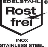 Logo mit der Aufschrift 'Edelstahl Rostfrei', 'Inox', 'Stainless Steel' in schwarzer Schrift auf weißem Hintergrund, frontal betrachtet.