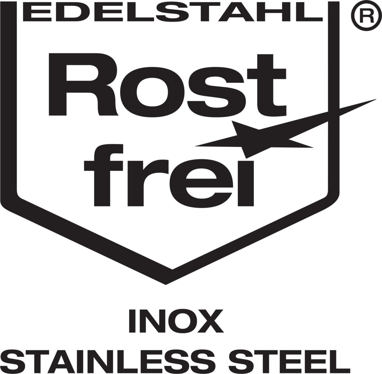 Logo met de tekst 'Edelstahl Rostfrei', 'Inox', 'Stainless Steel' in zwarte letters op een witte achtergrond, gezien van voren.