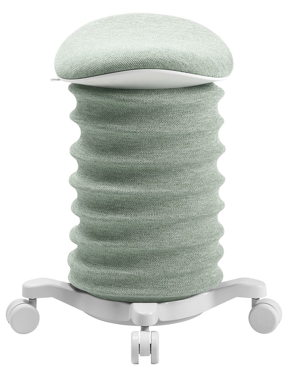 Moderner Aktiv-Sitz in hellgrünem Stoff mit wellenförmigem Design und Rollen, Vorderansicht