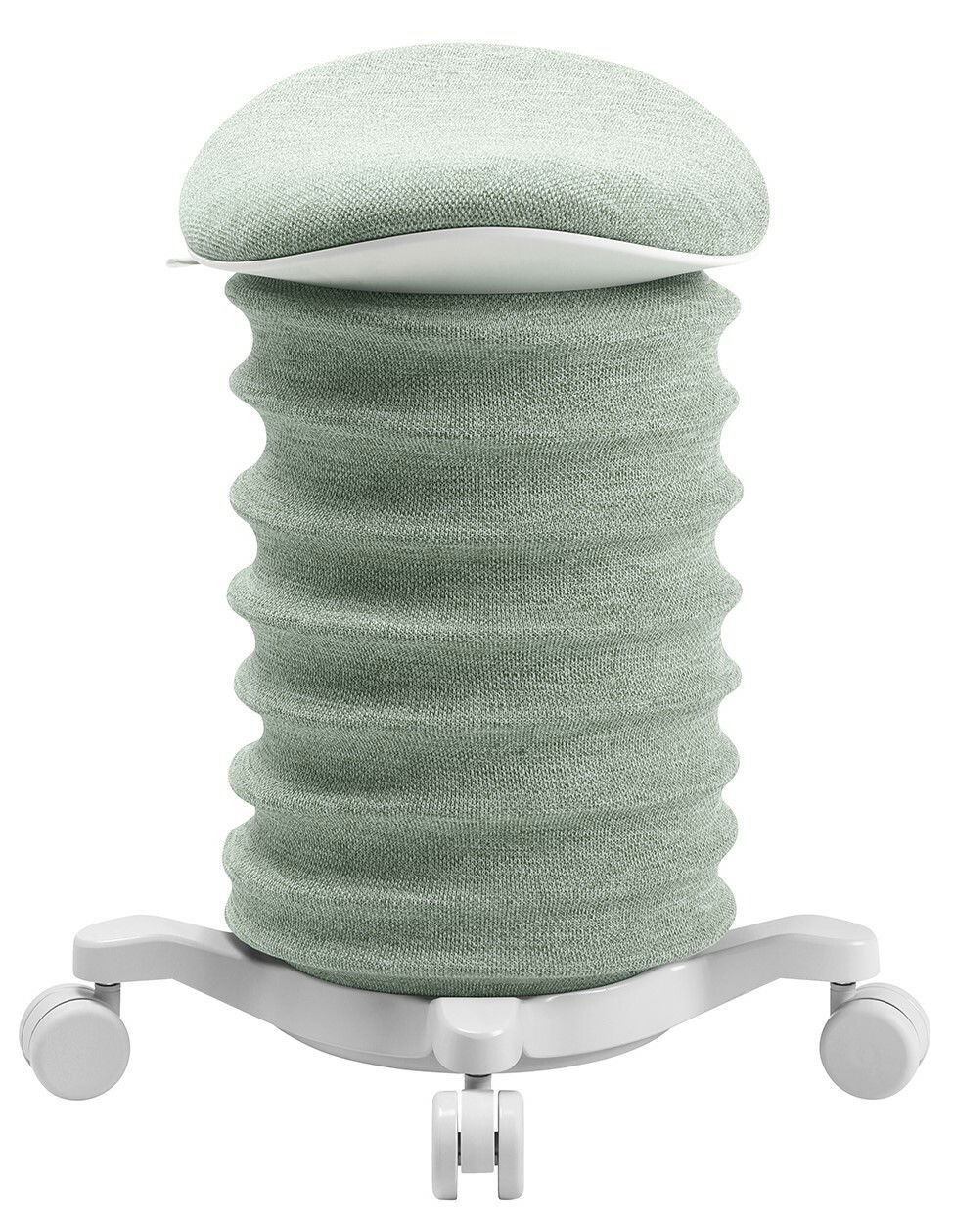 Moderner Aktiv-Sitz in hellgrünem Stoff mit wellenförmigem Design und Rollen, Vorderansicht