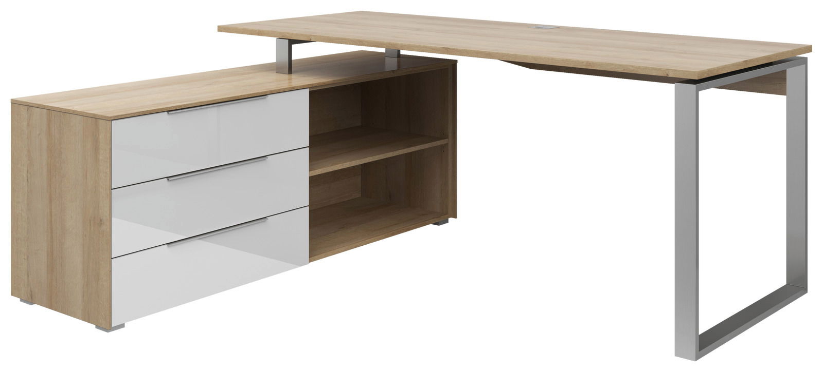 Moderner Eckschreibtisch mit Holz- und Metallelementen, drei weißen Schubladen und offenen Regalfächern, seitliche Perspektive.