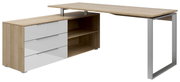 Moderner Eckschreibtisch mit Holz- und Metallelementen, drei weißen Schubladen und offenen Regalfächern, seitliche Perspektive.