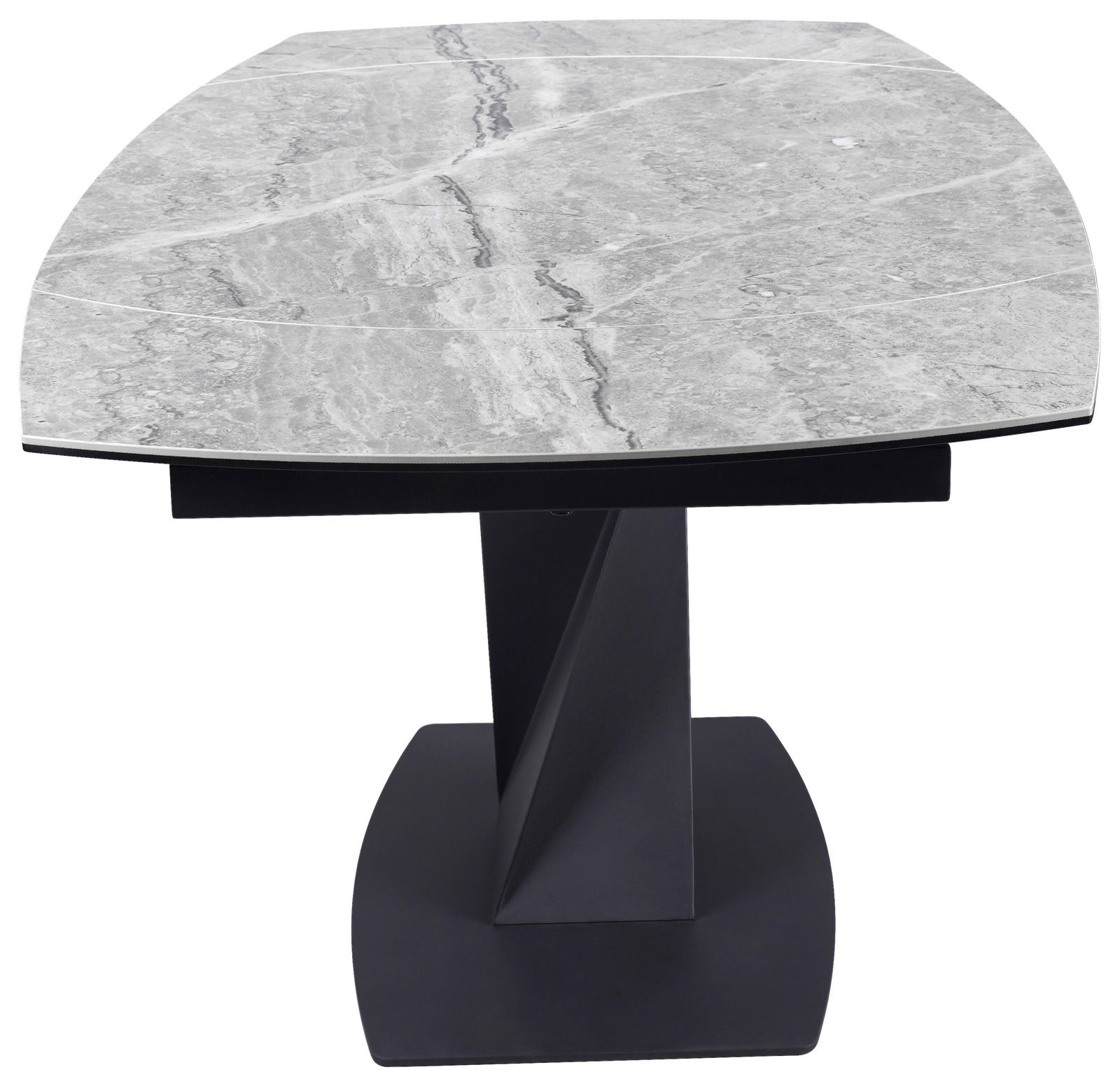 Moderner Esstisch mit grauer Marmoroptik-Tischplatte und schwarzem, geometrischem Sockel, Frontalansicht