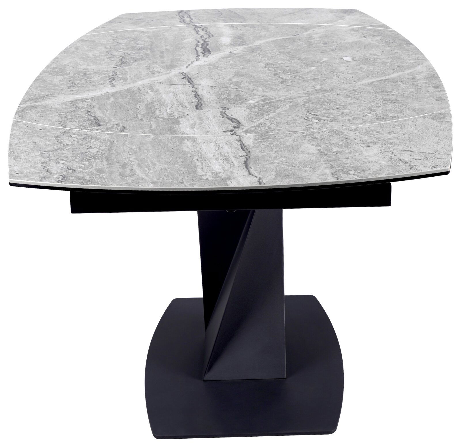 Moderner Esstisch mit grauer Marmoroptik-Tischplatte und schwarzem, geometrischem Sockel, Frontalansicht