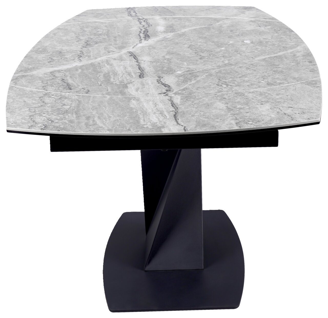 Moderner Esstisch mit grauer Marmoroptik-Tischplatte und schwarzem, geometrischem Sockel, Frontalansicht
