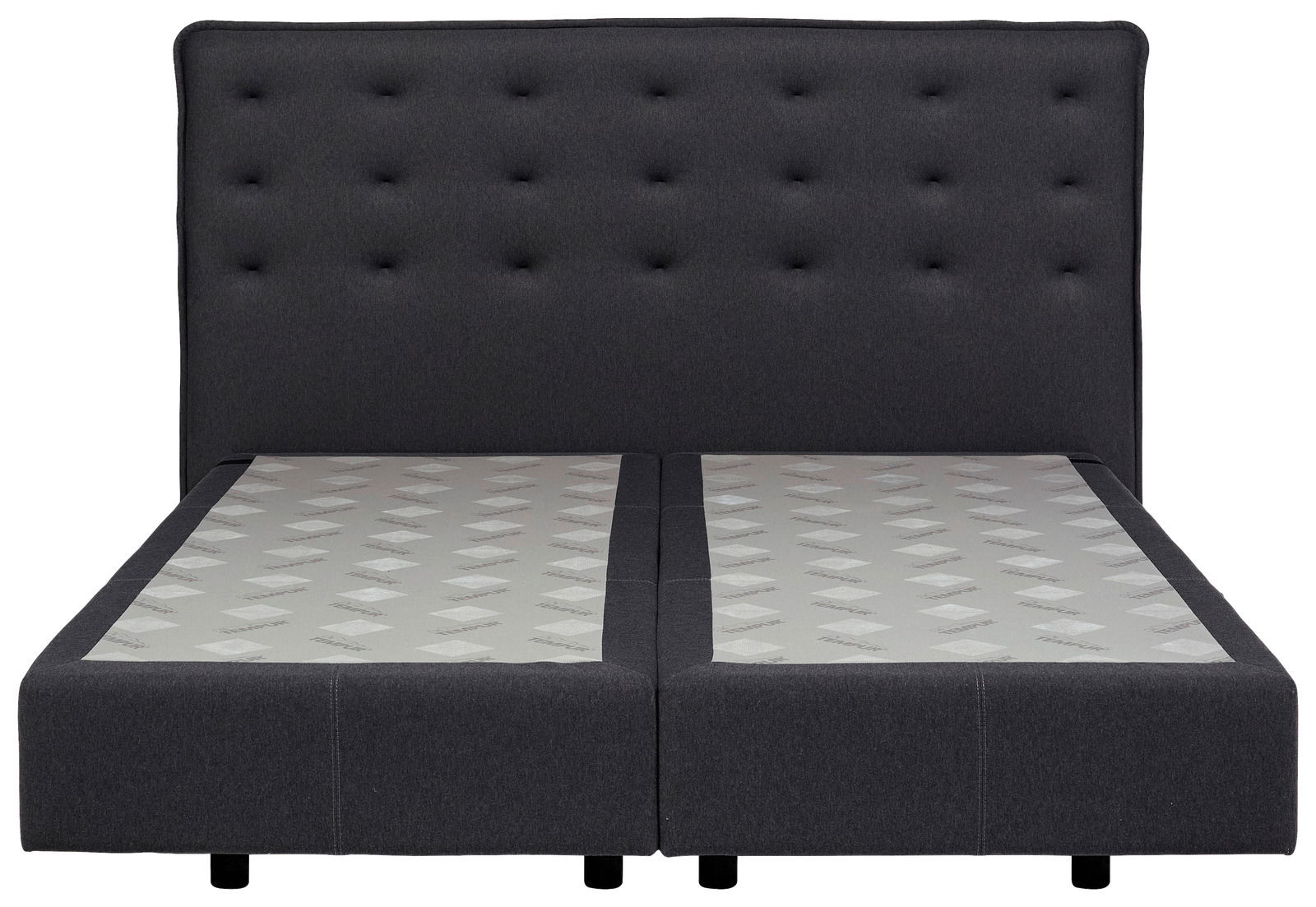 Frontale Ansicht eines modernen Boxspringbetts mit dunkelgrauem, gepolstertem Kopfteil und zwei Matratzen.