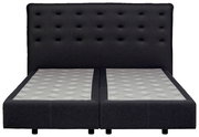 Frontale Ansicht eines modernen Boxspringbetts mit dunkelgrauem, gepolstertem Kopfteil und zwei Matratzen.