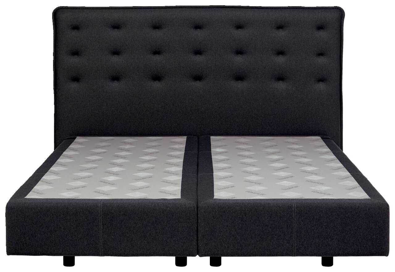 Frontale Ansicht eines modernen Boxspringbetts mit dunkelgrauem, gepolstertem Kopfteil und zwei Matratzen.