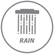 Symbol eines Duschkopfs mit Regenstrahl, frontal betrachtet.