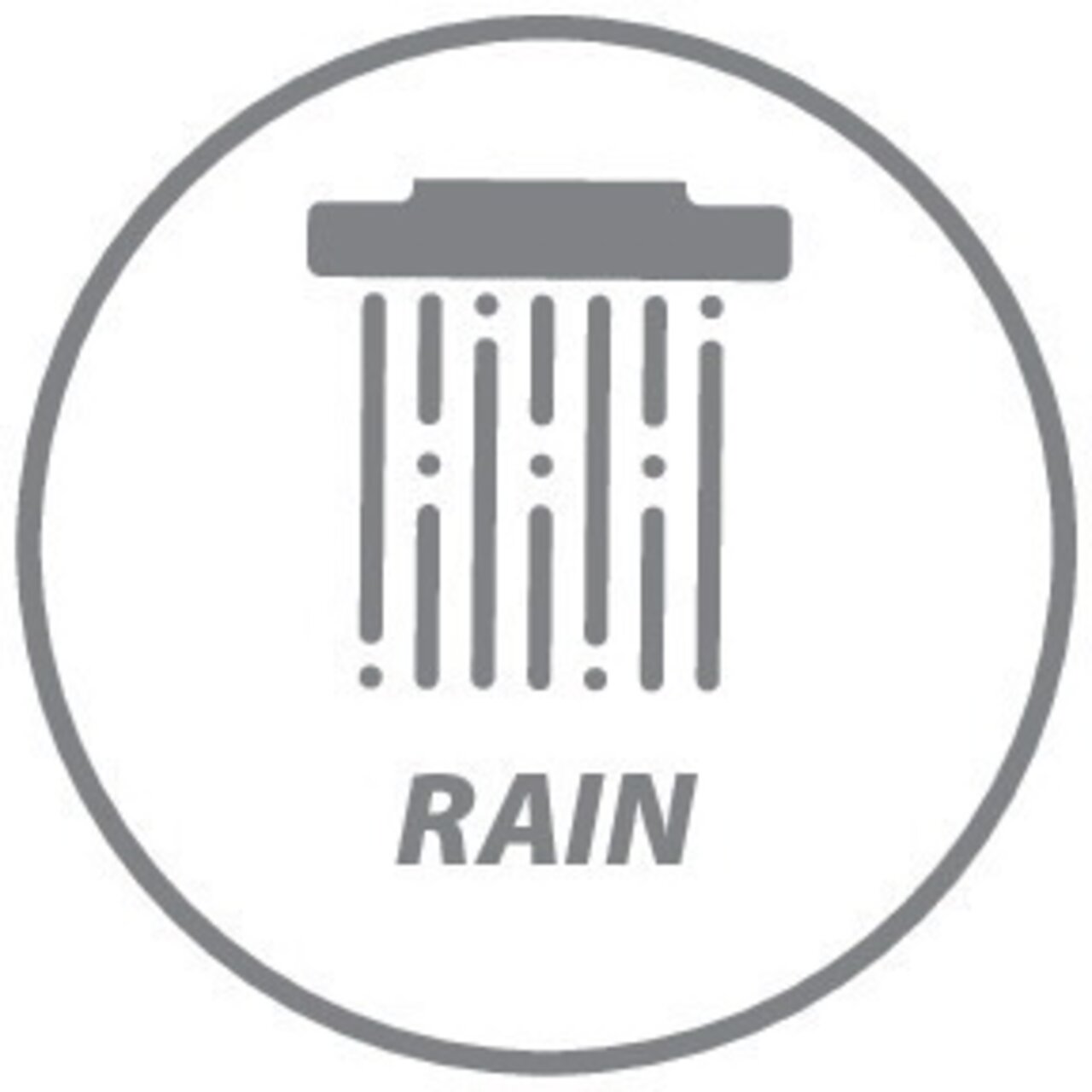 Symbol eines Duschkopfs mit Regenstrahl, frontal betrachtet.