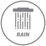 Symbol eines Duschkopfs mit Regenstrahl, frontal betrachtet.