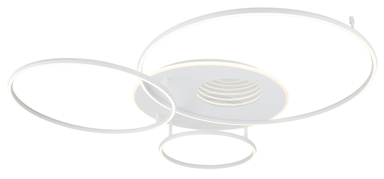 Moderne LED-Deckenleuchte mit drei ineinander verschlungenen Ringen, seitliche Perspektive