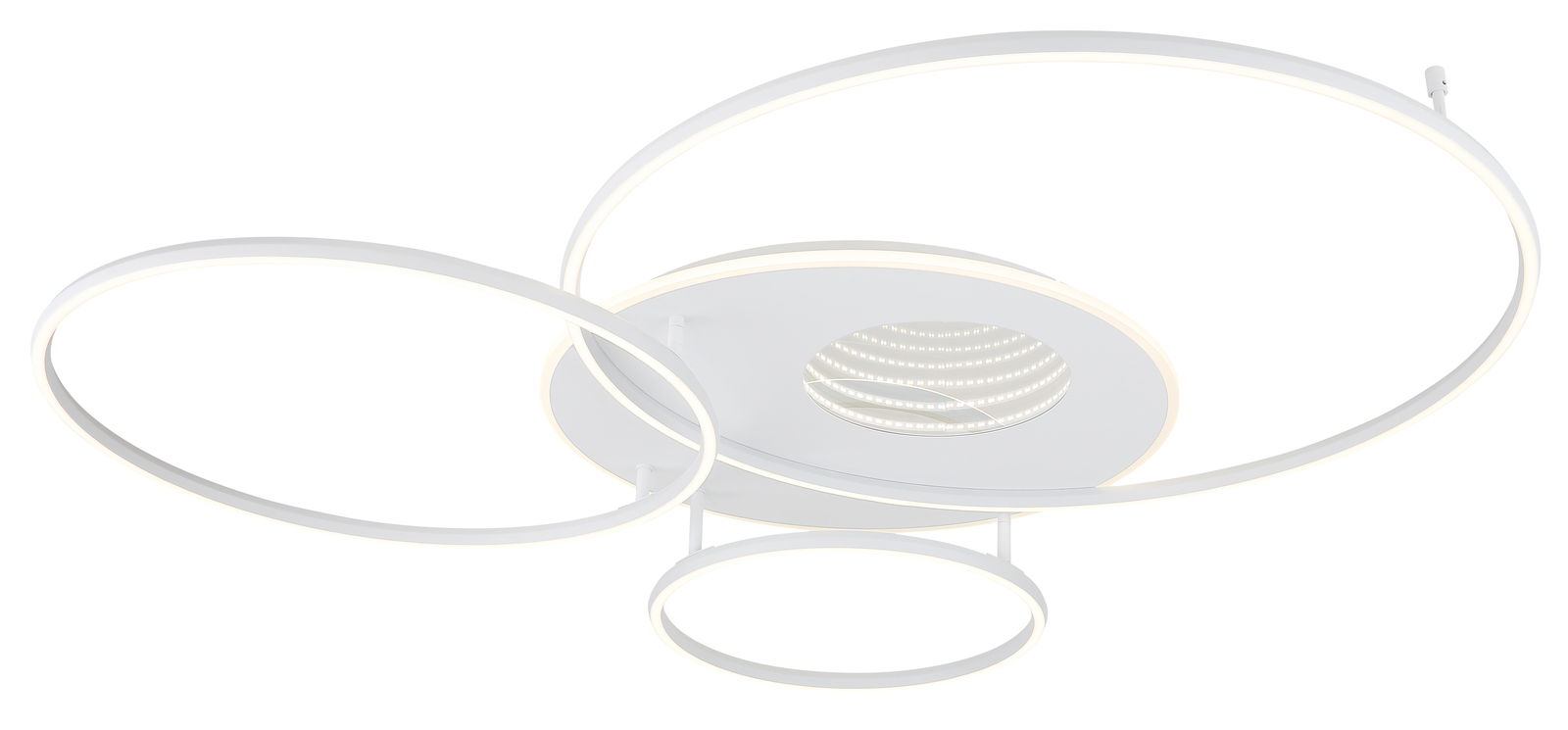 Moderne LED-Deckenleuchte mit drei ineinander verschlungenen Ringen, seitliche Perspektive