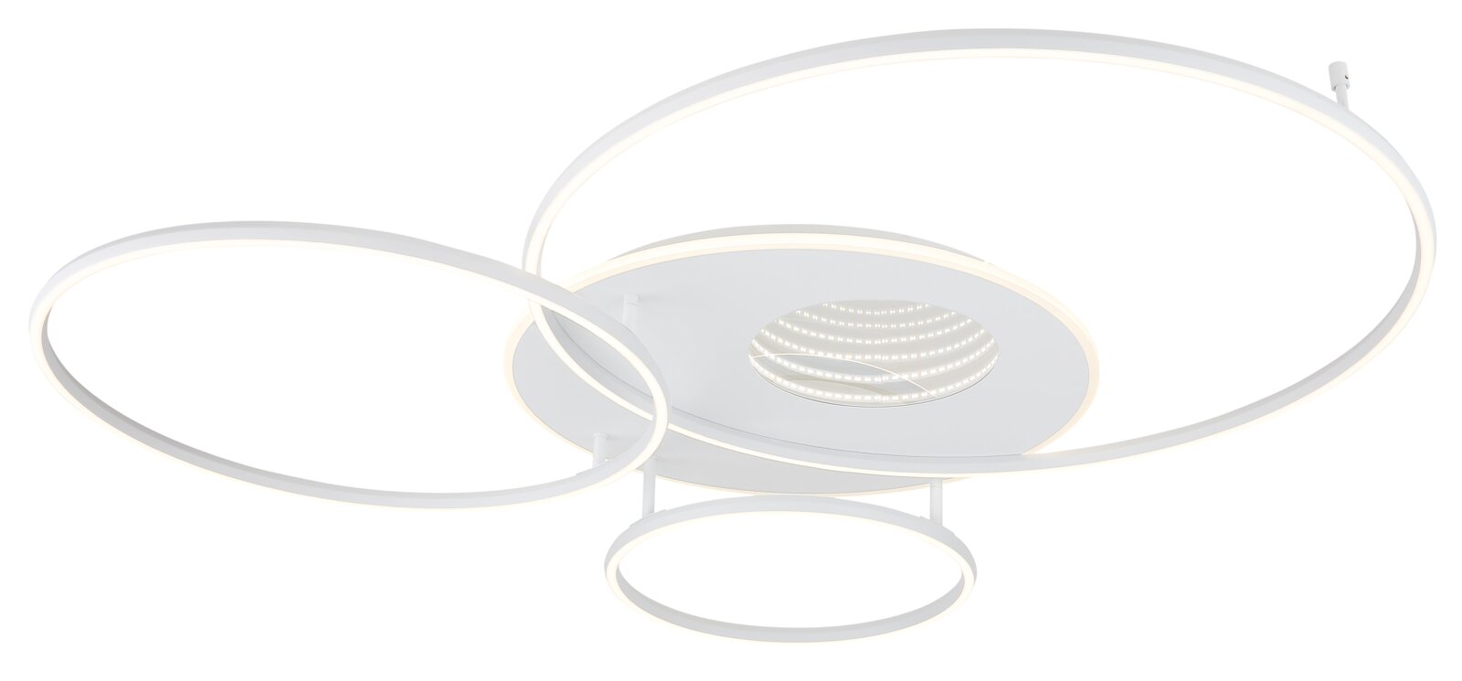 Moderne led-plafondlamp met drie in elkaar verweven ringen, zijaanzicht