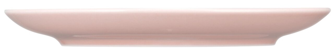Zijaanzicht van een rond, roze broodbord met een licht opstaande rand.