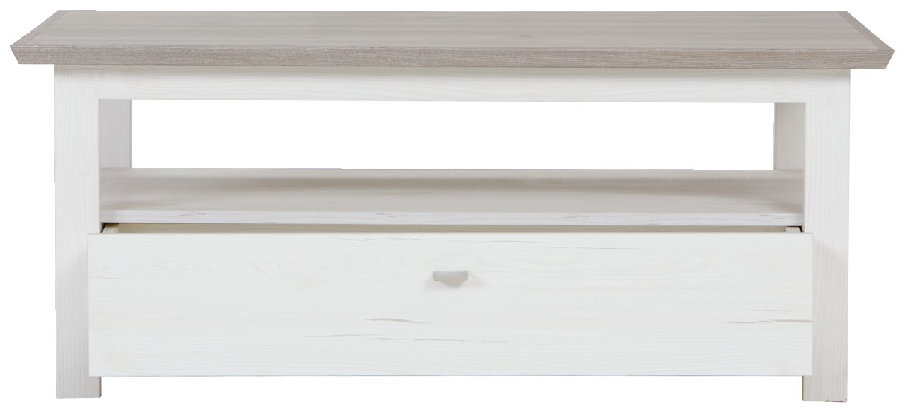 Moderner Couchtisch CAMRON in Holzoptik mit Schublade und Ablage, Frontalansicht