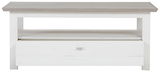 Moderner Couchtisch CAMRON in Holzoptik mit Schublade und Ablage, Frontalansicht