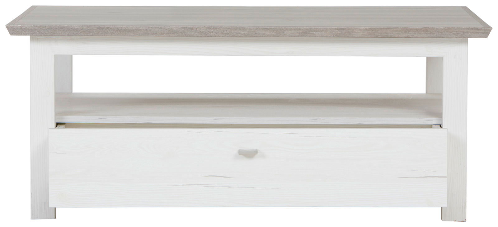 Moderner Couchtisch CAMRON in Holzoptik mit Schublade und Ablage, Frontalansicht