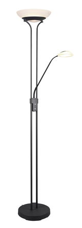 Stehleuchte Orson mit zwei Lichtquellen, eine große oben und eine kleinere seitlich, in schwarzem Design, seitliche Perspektive