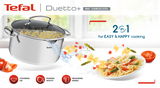 Tefal Duetto+ Edelstahl-Topf mit Deckel, gefüllt mit Nudeln, in einer Küche. Perspektive: seitlich.