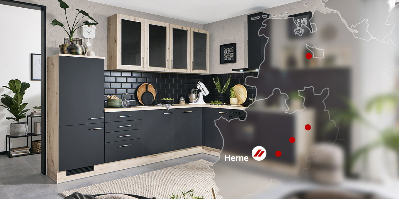 Moderne Küche in Anthrazit und Holzoptik mit Deutschlandkarte und markierten Standort Herne.