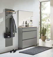 Modernes Garderoben-Set in Grau, bestehend aus einer Wandgarderobe mit Haken und Ablage, einem großen Spiegel und einer Kommode mit drei Schubladen. Perspektive: Frontalansicht in einem hellen Raum mit großen Fenstern.