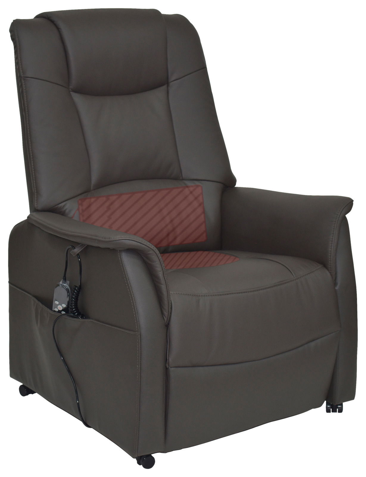 Brauner Fernsehsessel mit Massagefunktion, seitlicher Fernbedienung und Rollen, Vorderansicht.