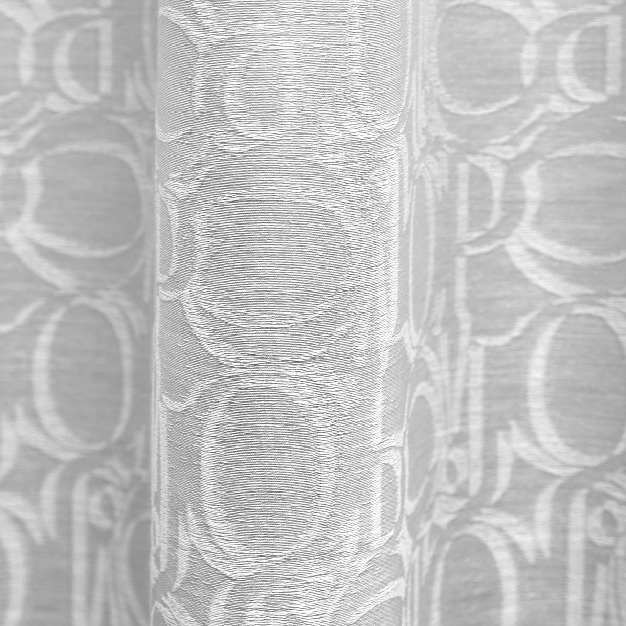 Grauer Vorhangstoff mit Allover-Ornamentmuster, Nahaufnahme
